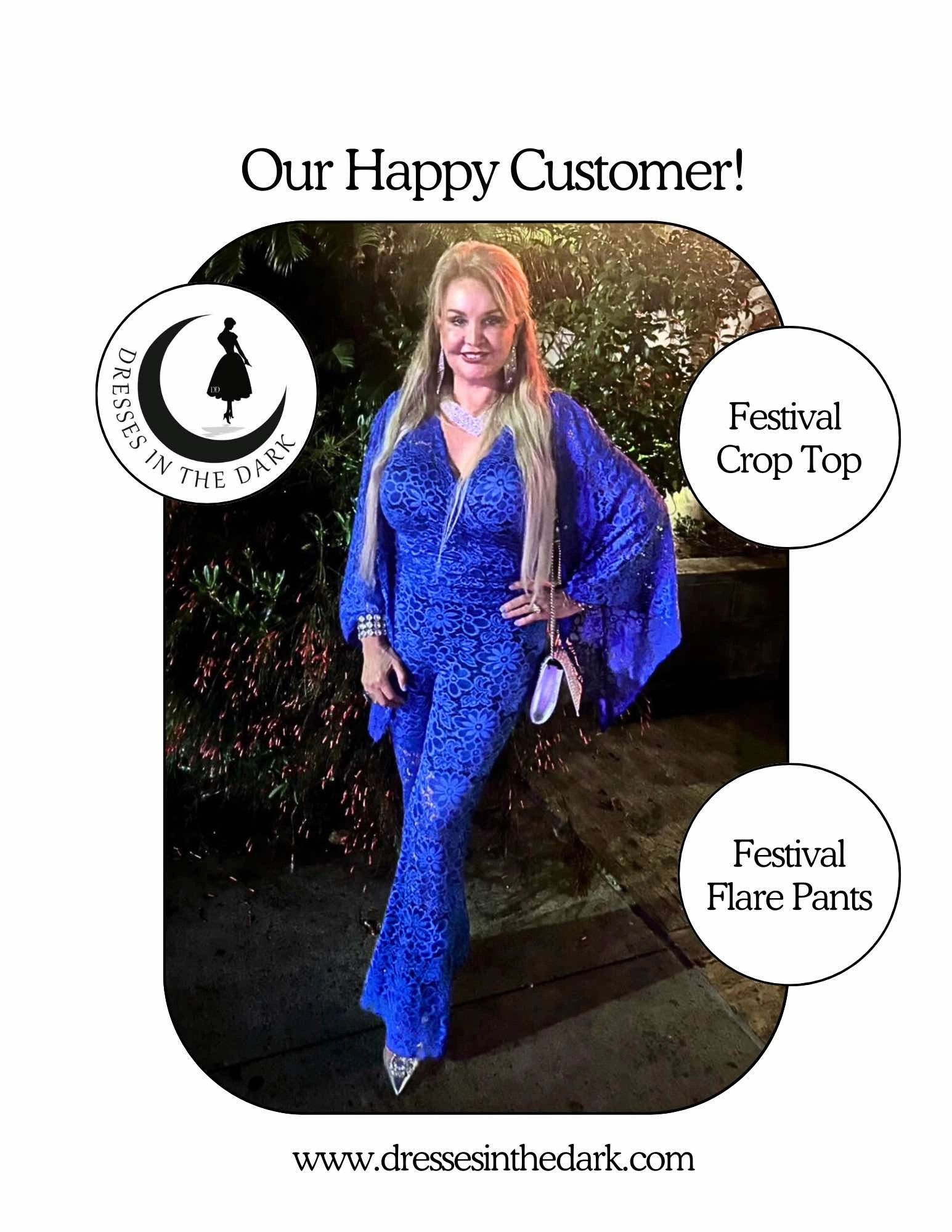 Happy customer in blue sequin outfit