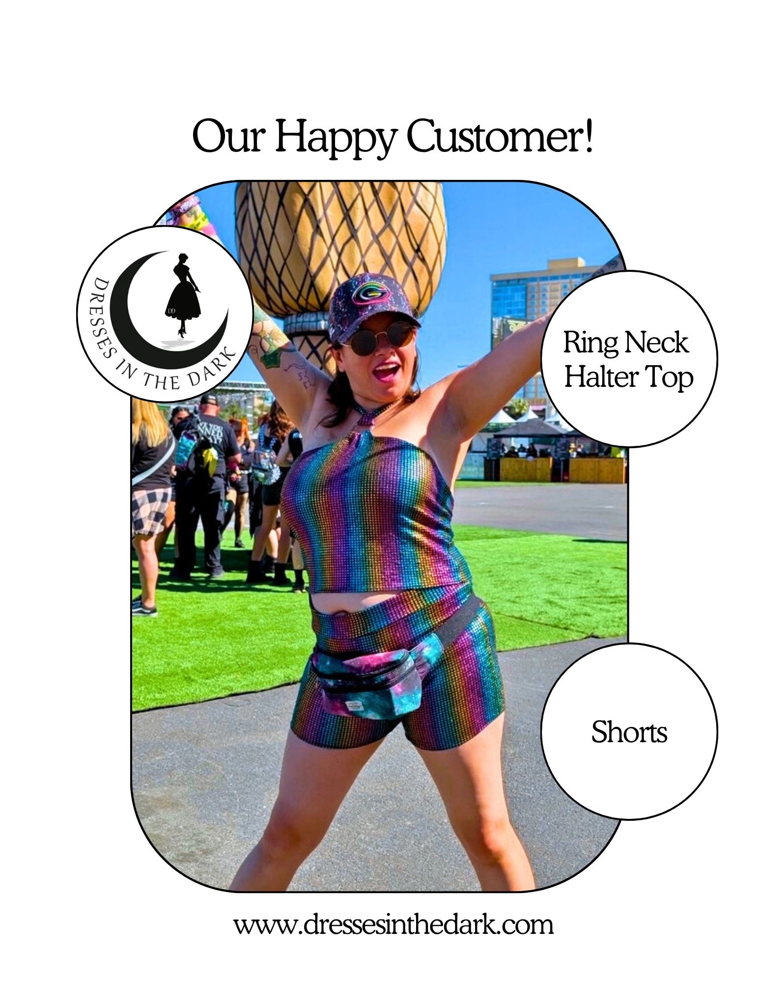 Happy customer in rainbow halter top and shorts