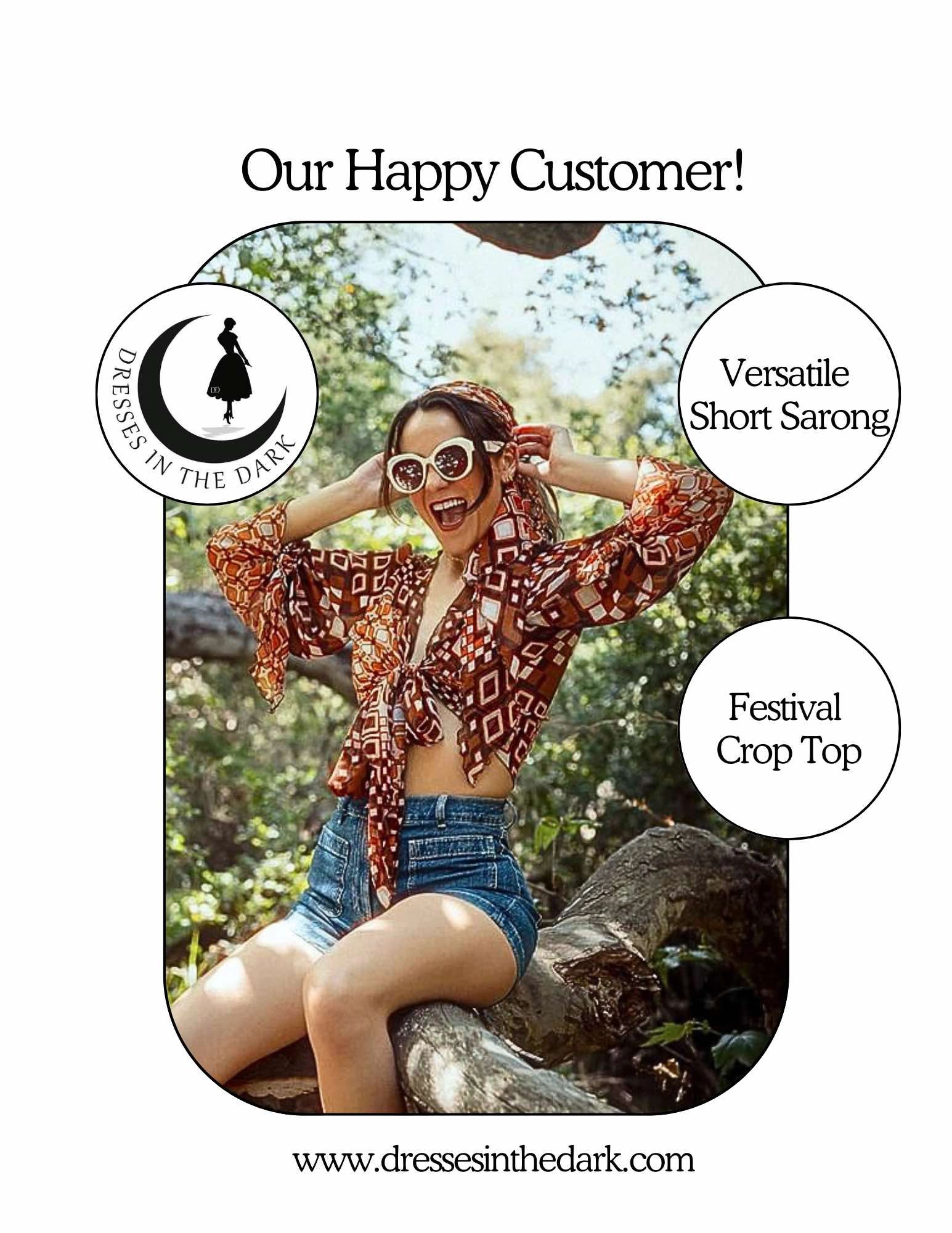 Happy customer in rust sarong and crop top