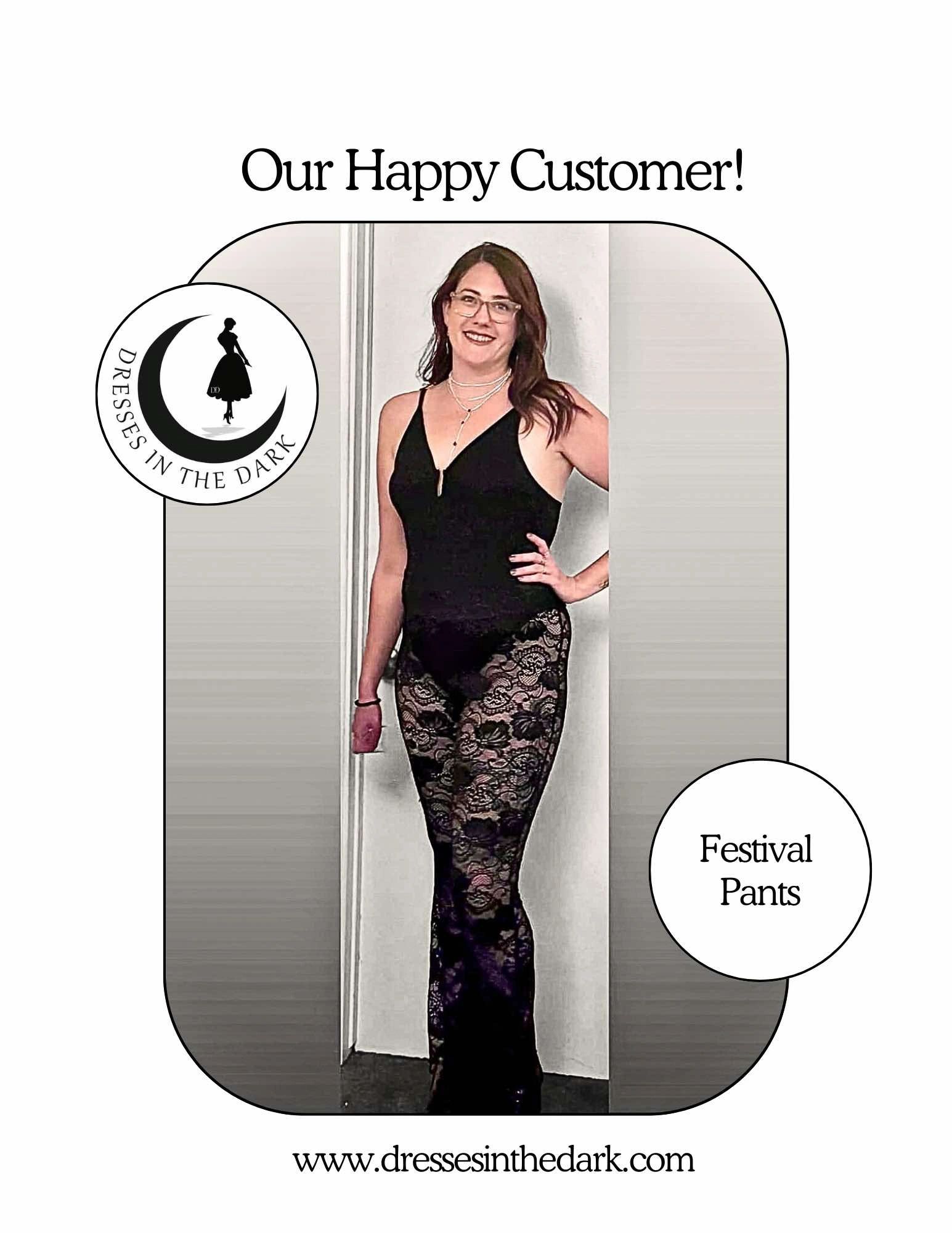Happy customer in black lace festival pants
