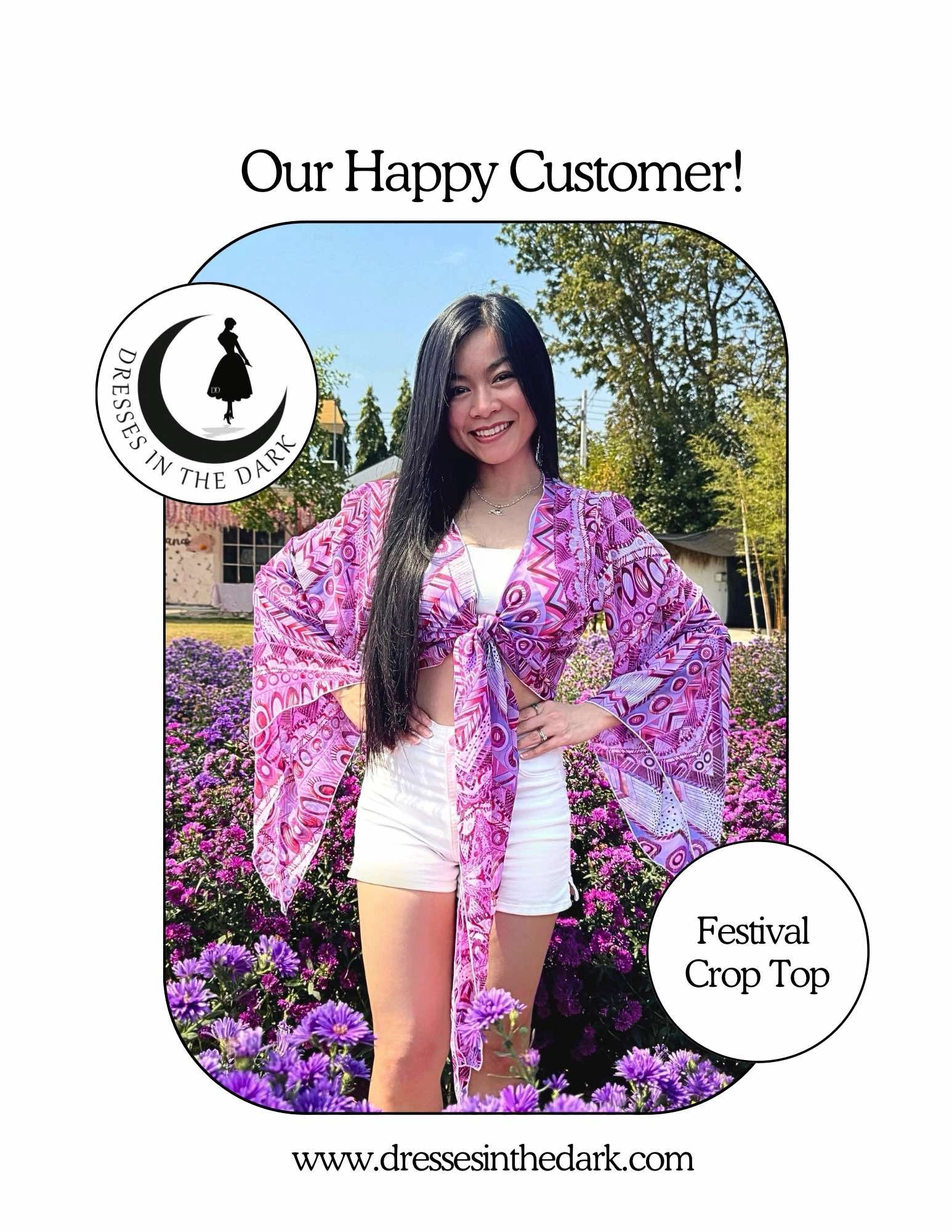 Happy customer in festival crop top in flower field