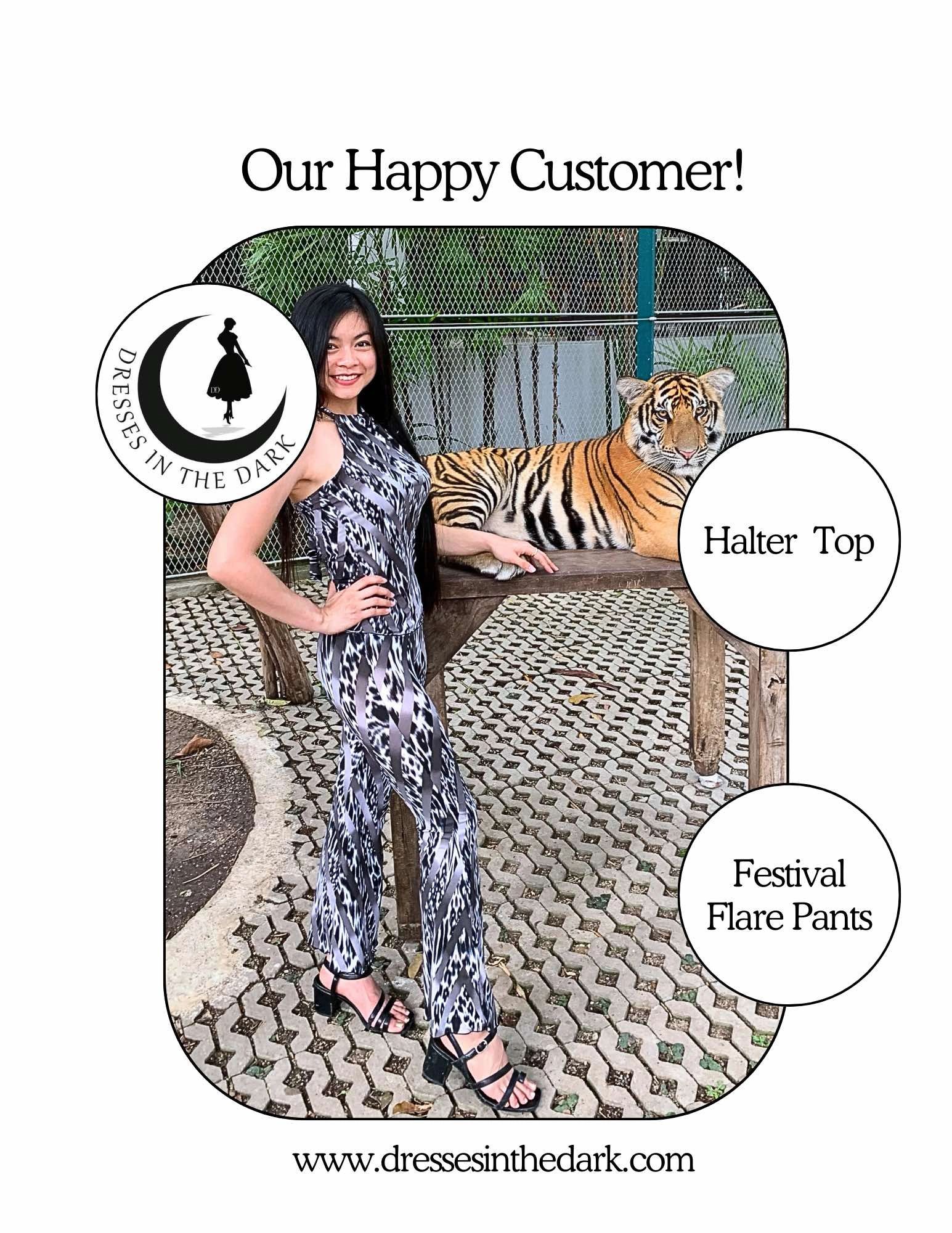 Happy customer in halter top and festival flare pants